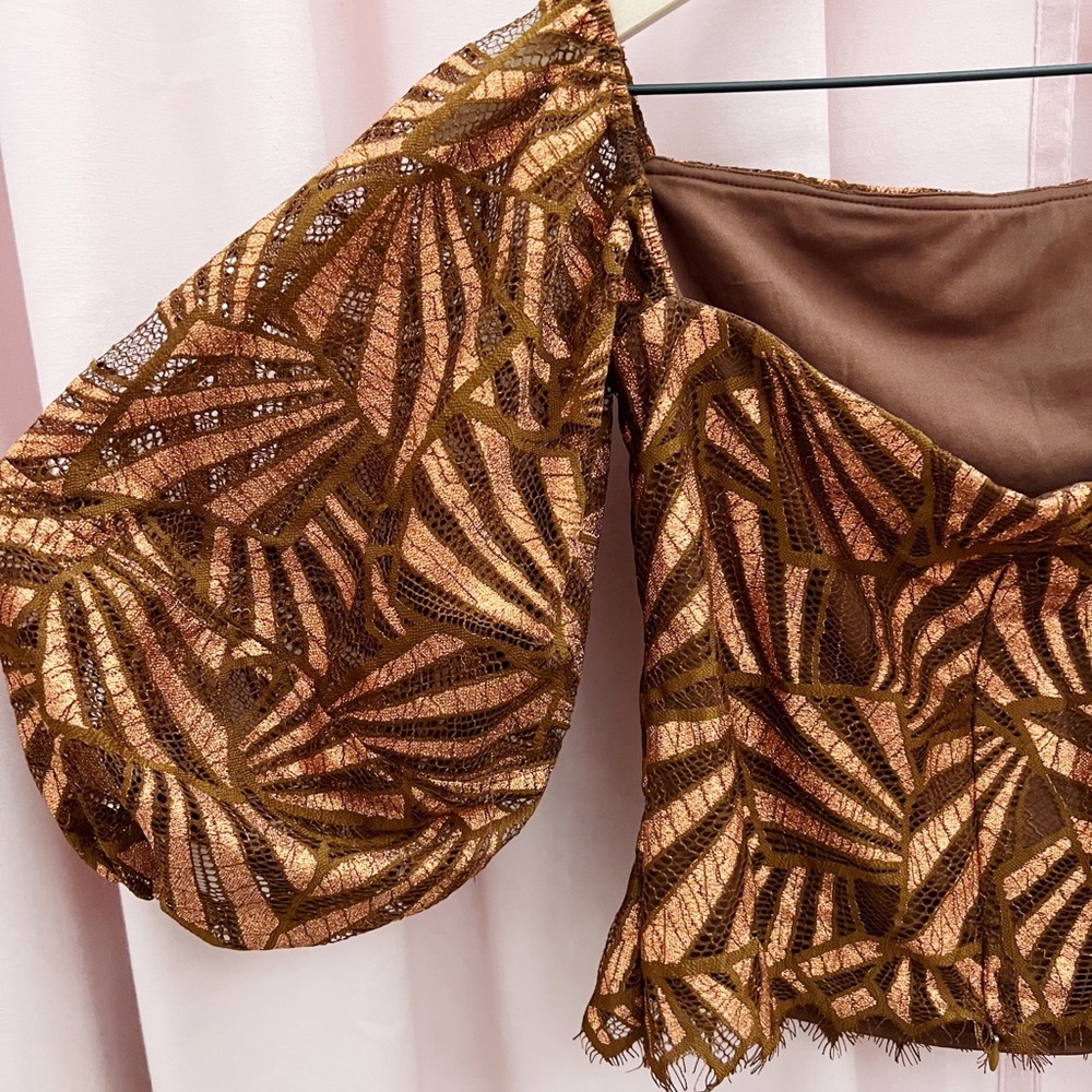 NWT Eva Franco Anthropologie Shine Bronze Lace Puff Sleeve Square Neck Blouse XL - Picture 9 of 13